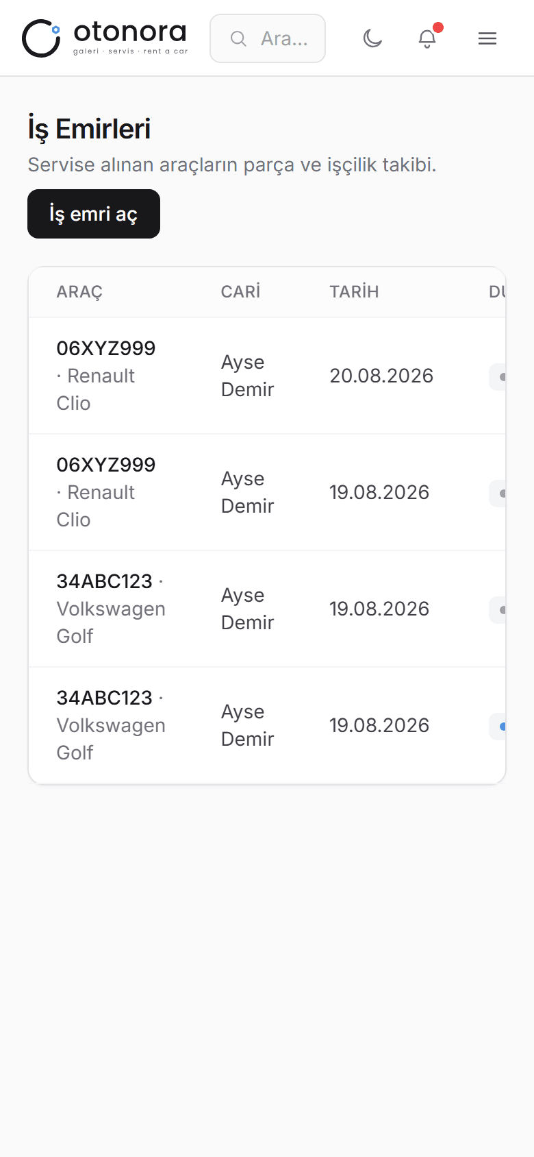 Otonora telefonda — İş Emirleri